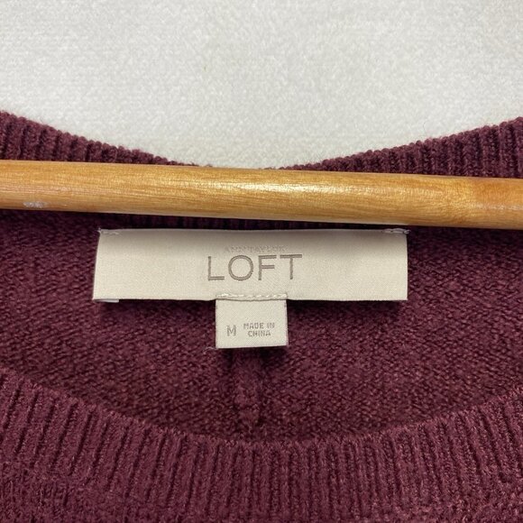 Loft Crew Neck Pullover Knit Sweater Women Medium Burgundy Side Slit Hem - Picture 2 of 12